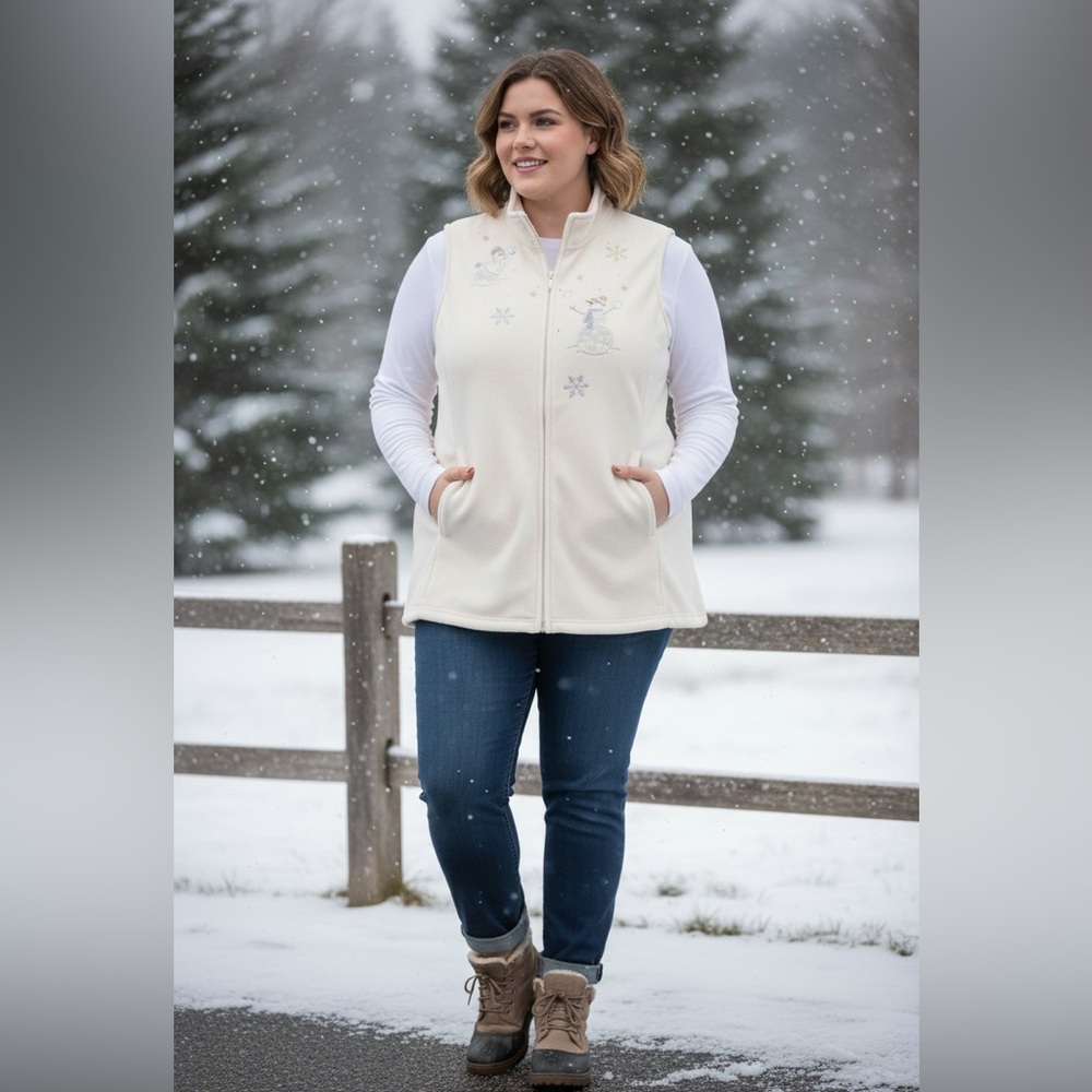 Basic Editions Cream Fleece Snowman Zip-Up Vest XXL Holiday Winter